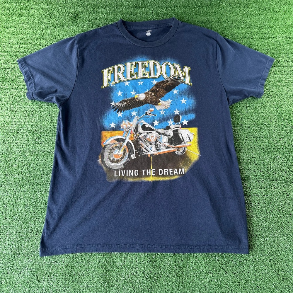 Y2K Navy blue Freedom Living The Dream graphic tee with eagle and motorcycle